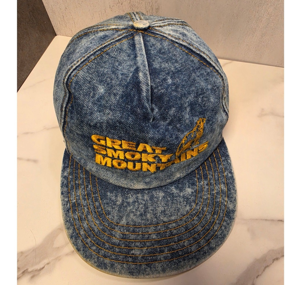 Vintage Great Smoky Mountains Acid Wash Denim Snapback Hat Blue Trucker‎ Cap - Picture 2 of 8